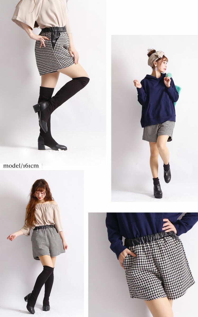 大きいサイズ レディース ハウンドトゥース柄ショートパンツ gold010