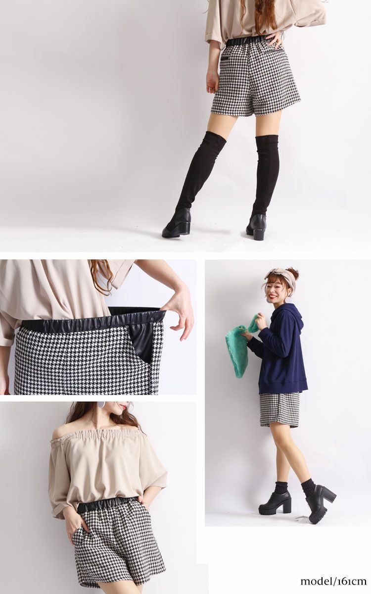 大きいサイズ レディース ハウンドトゥース柄ショートパンツ gold010