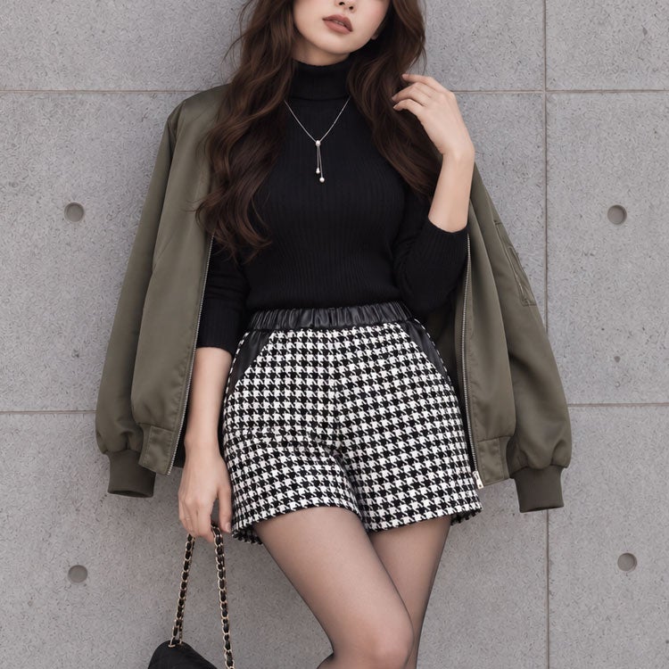 大きいサイズ レディース ハウンドトゥース柄ショートパンツ gold010