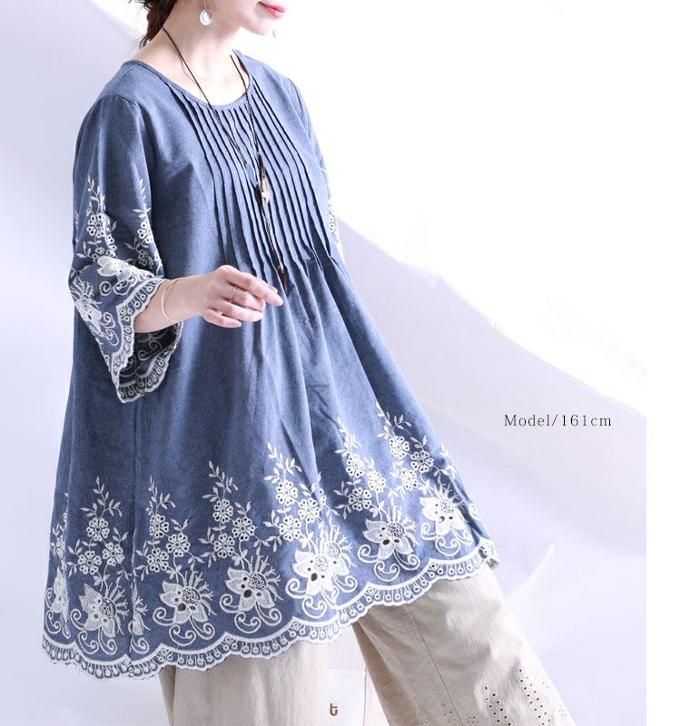 大きいサイズ レディース 刺繍入りチュニックブラウス gold605