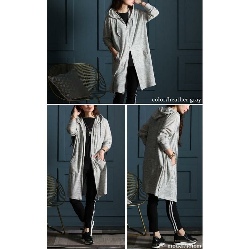 大きいサイズ レディース UV対策吸湿速乾ジップアップロングパーカー　map-97l 杢グレー