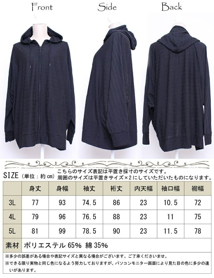 大きいサイズ レディース UV対策吸湿速乾ドルマンジップアップパーカー　map-348l