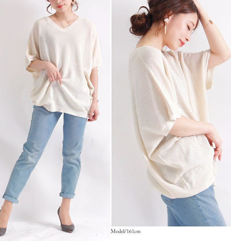 大きいサイズ レディース Vネックドルマンニットトップス　sada-6467