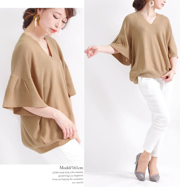 大きいサイズ レディース フレアスリーブニットトップス　sada-6466