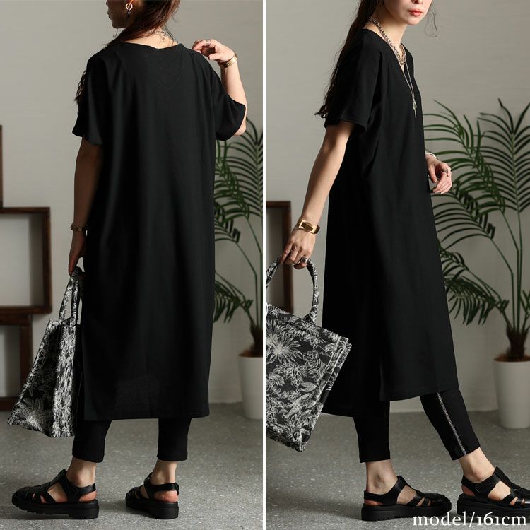 大きいサイズ レディース UV対策＆吸湿速乾Vネックスリット入りワンピース　map-83l