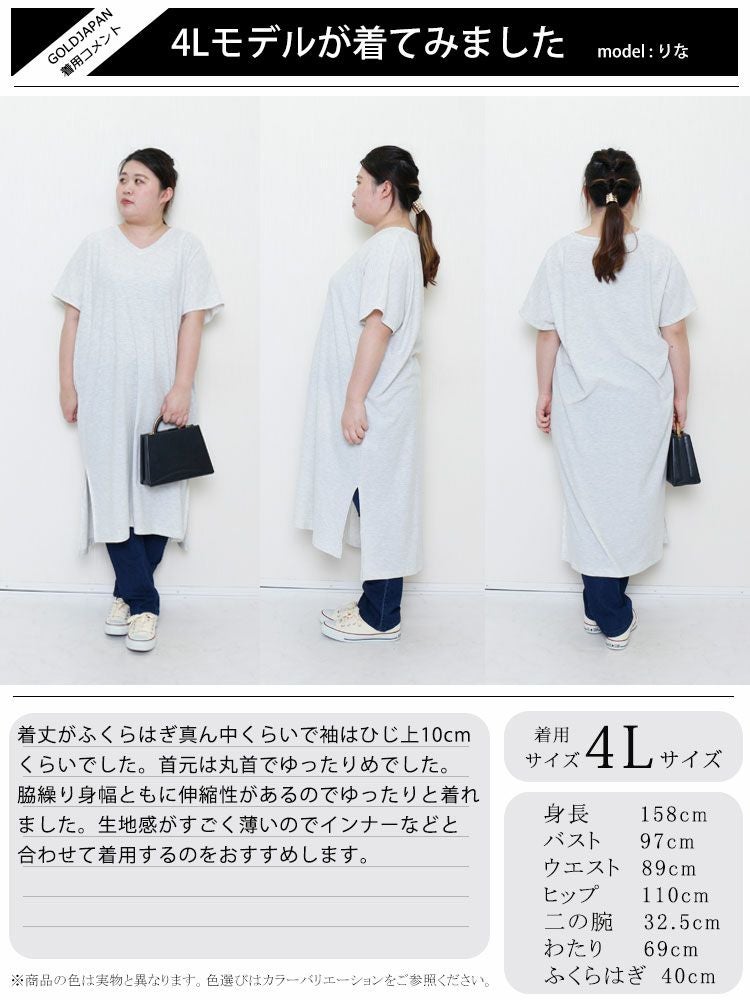 大きいサイズ レディース UV対策＆吸湿速乾Vネックスリット入りワンピース　map-83l