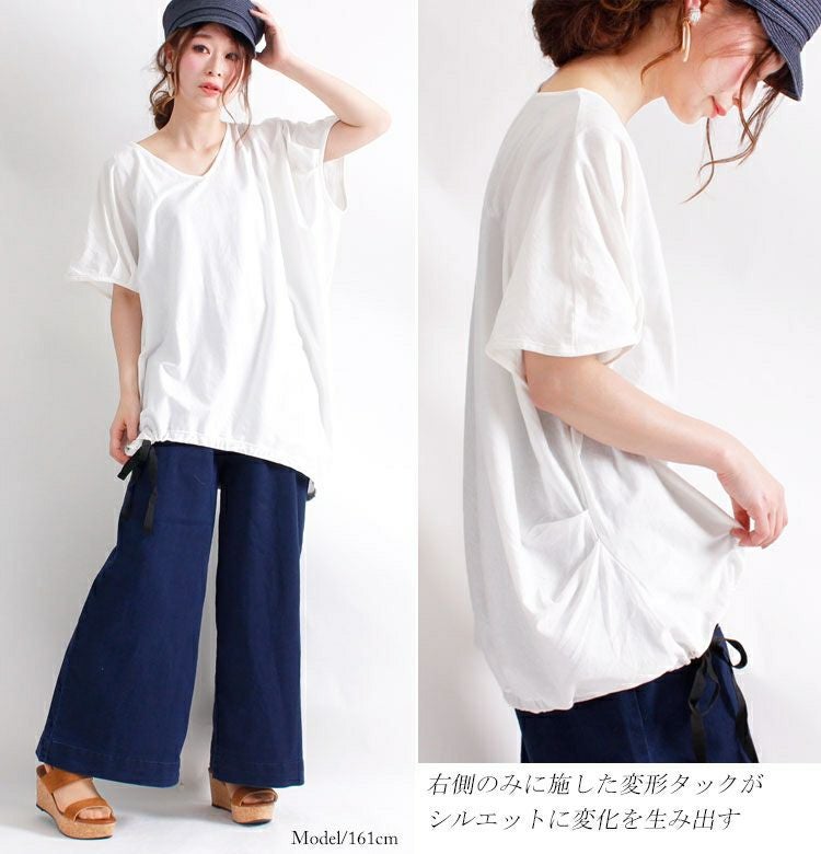 大きいサイズ レディース ドロストリボン付きコットンカットソー　wk-gold-088【メール便可】