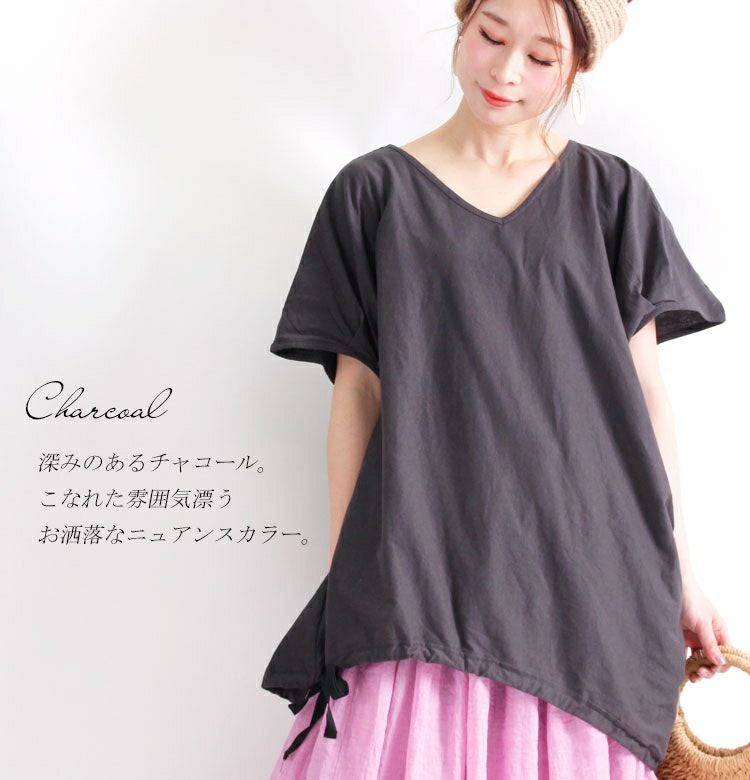 大きいサイズ レディース ドロストリボン付きコットンカットソー　wk-gold-088【メール便可】