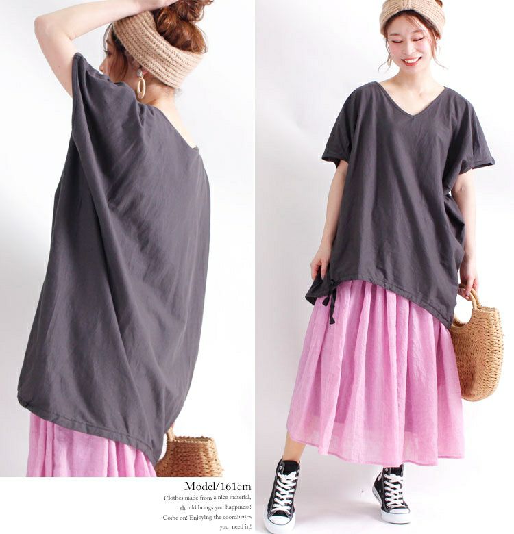 大きいサイズ レディース ドロストリボン付きコットンカットソー　wk-gold-088【メール便可】