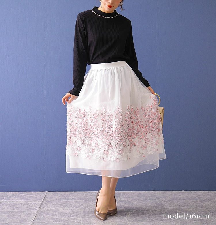 大きいサイズ レディース フラワーモチーフチュールスカート　gold726