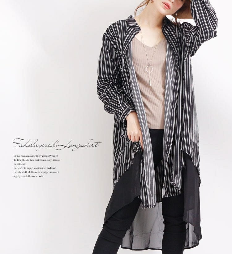 大きいサイズ レディース レイヤード風ロングシャツ　af-1916044