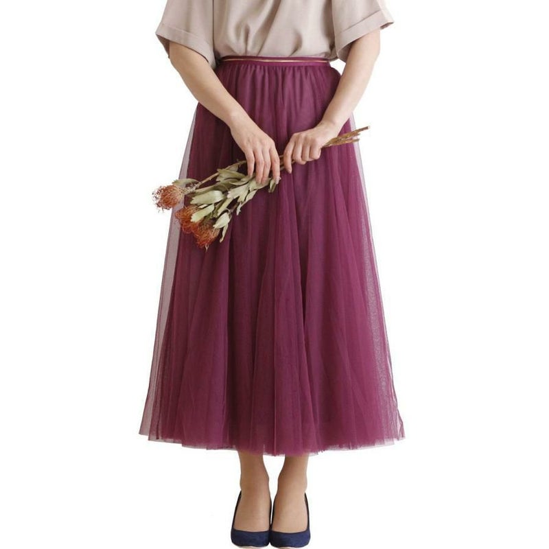 大きいサイズ レディース 配色ゴムベルトチュールスカート　af-1914010 パープル