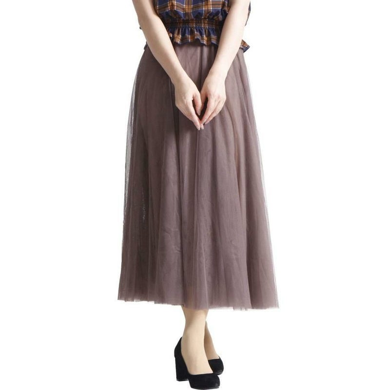 大きいサイズ レディース 配色ゴムベルトチュールスカート　af-1914010 ブラウン