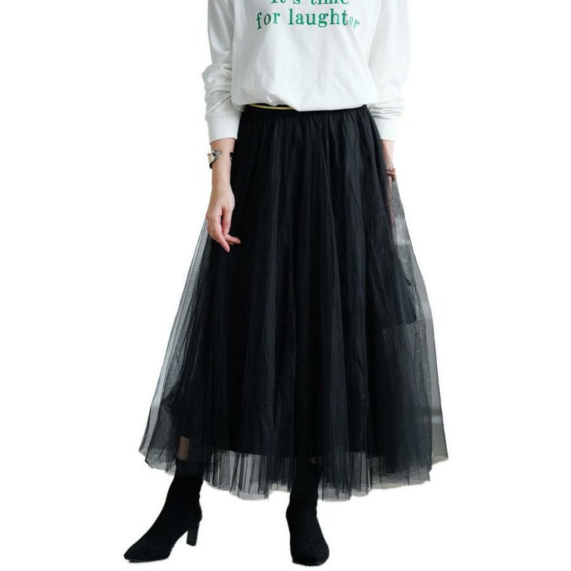 大きいサイズ レディース 配色ゴムベルトチュールスカート　af-1914010 ブラック
