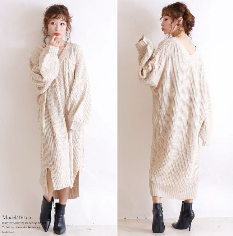 大きいサイズ レディース ケーブル編みニットワンピース　and-l5321
