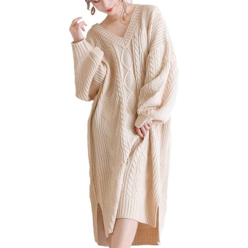 大きいサイズ レディース ケーブル編みニットワンピース　and-l5321 ベージュ