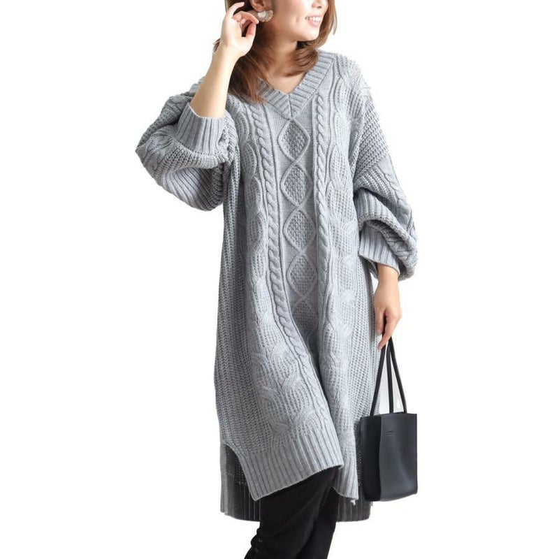 大きいサイズ レディース ケーブル編みニットワンピース　and-l5321 グレー