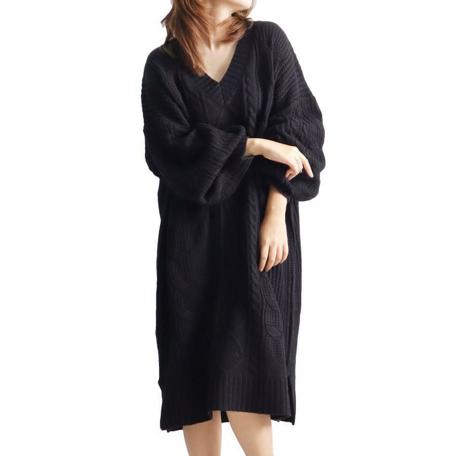 大きいサイズ レディース ケーブル編みニットワンピース　and-l5321 ブラック