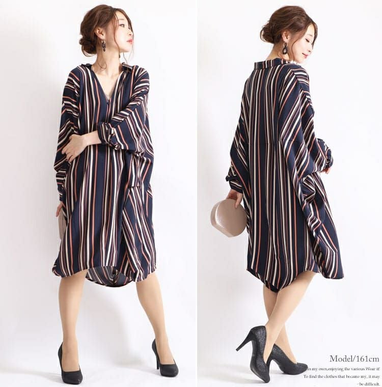 大きいサイズ レディース マルチストライプ柄スキッパーシャツ　nw-19017