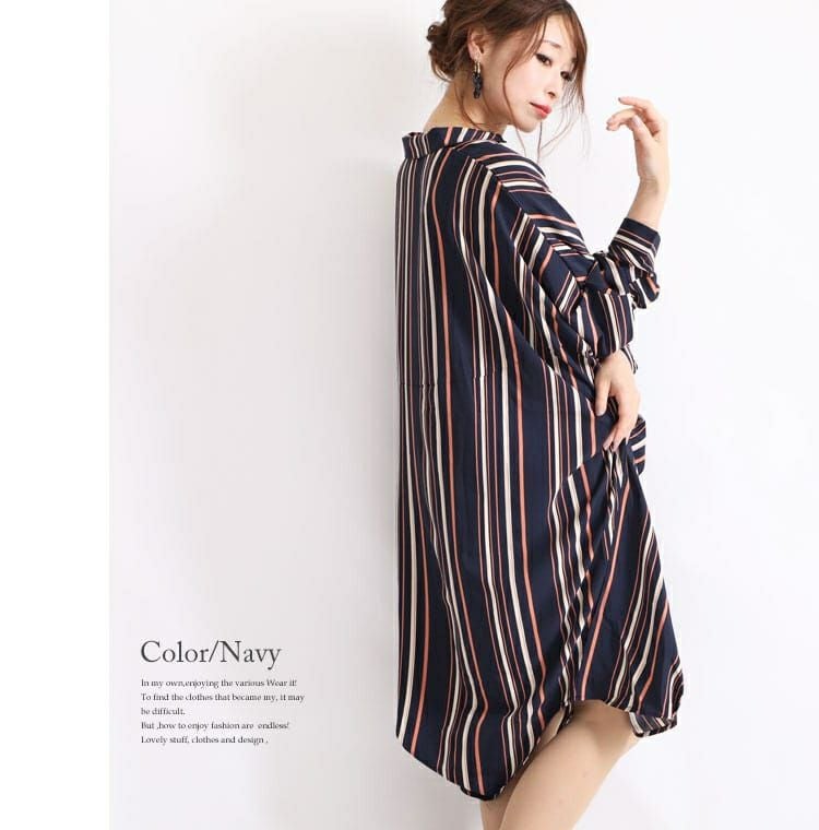 大きいサイズ レディース マルチストライプ柄スキッパーシャツ　nw-19017