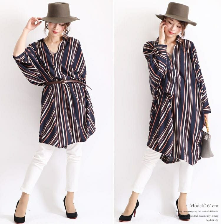 大きいサイズ レディース マルチストライプ柄スキッパーシャツ　nw-19017