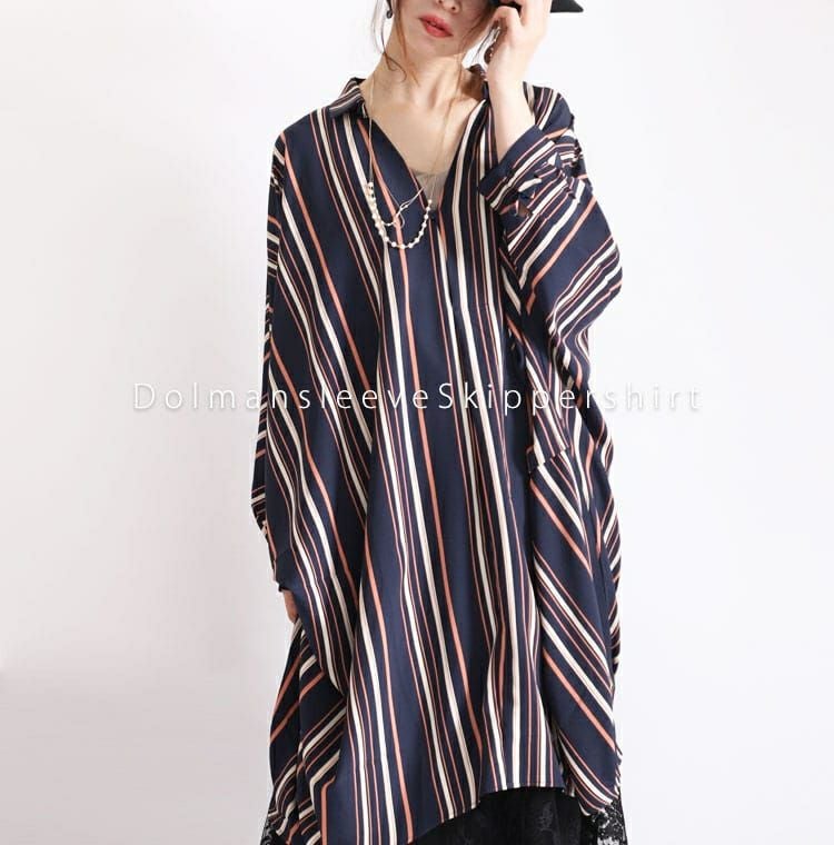 大きいサイズ レディース マルチストライプ柄スキッパーシャツ　nw-19017