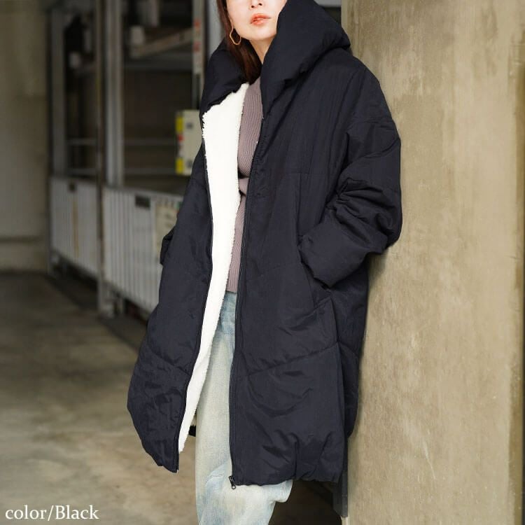 大きいサイズ レディース 裏ボアショールカラー中綿コート　toyo-e005