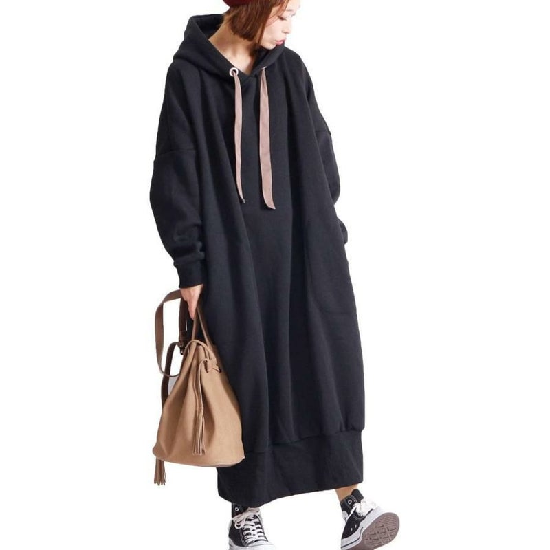 大きいサイズ レディース 裏起毛パーカーコクーンワンピース　toyo-0004 ブラック