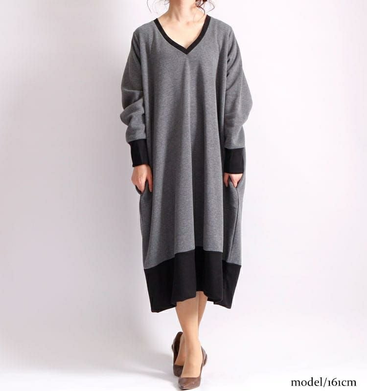 大きいサイズ レディース 裏起毛Vネックワンピース　humio-024