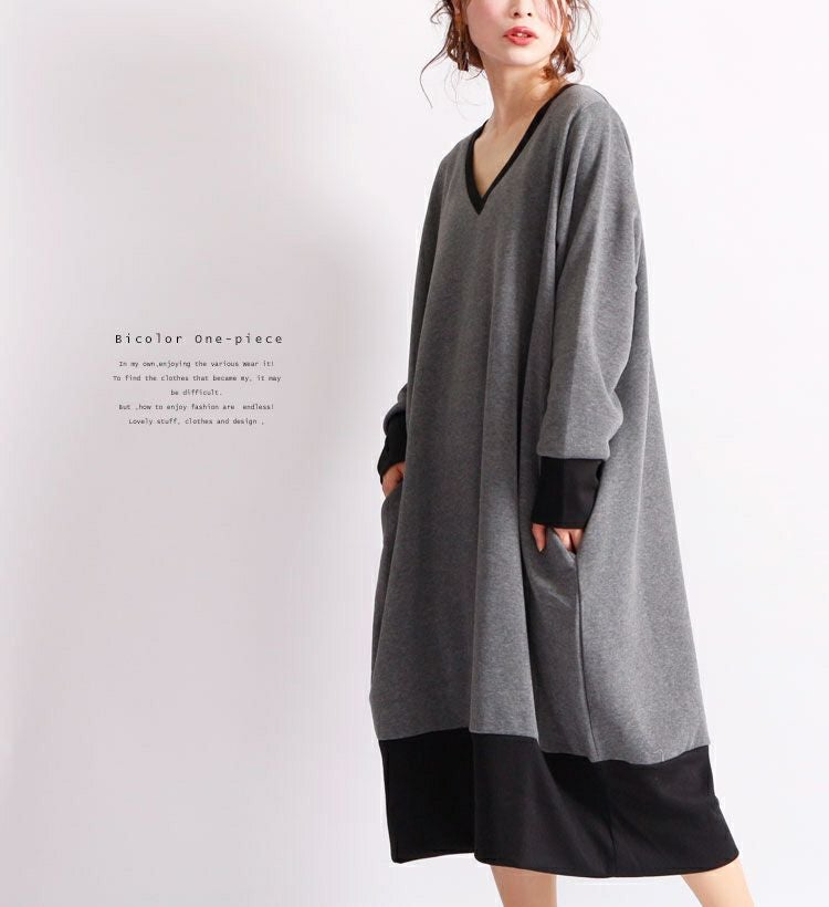 大きいサイズ レディース 裏起毛Vネックワンピース　humio-024