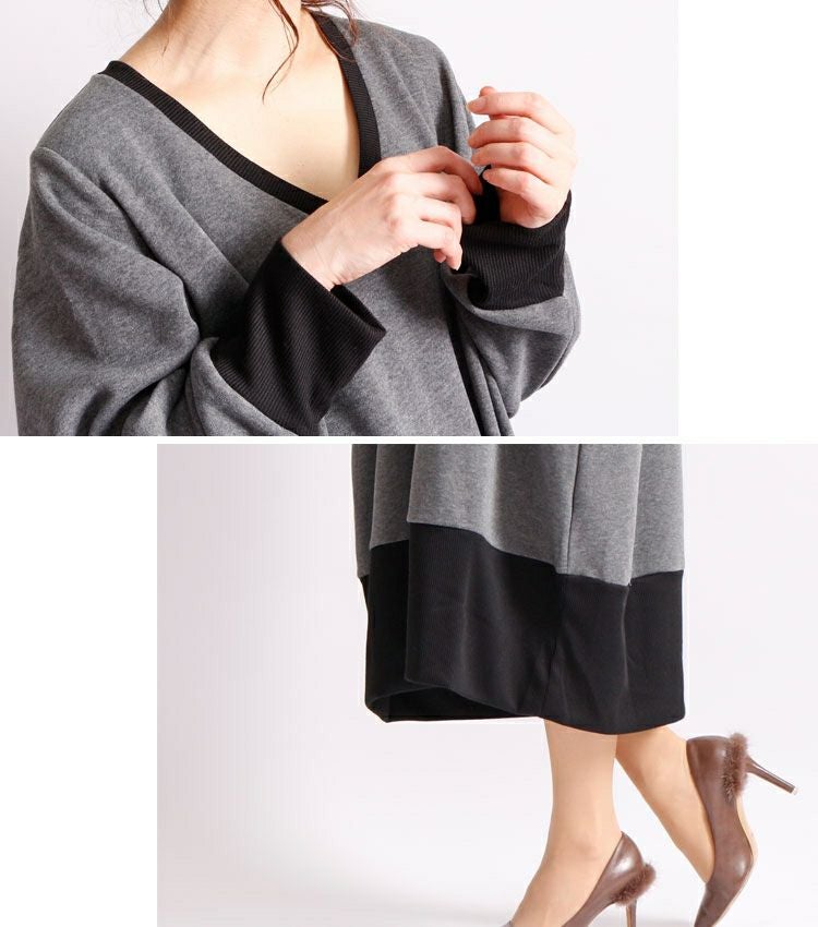 大きいサイズ レディース 裏起毛Vネックワンピース　humio-024