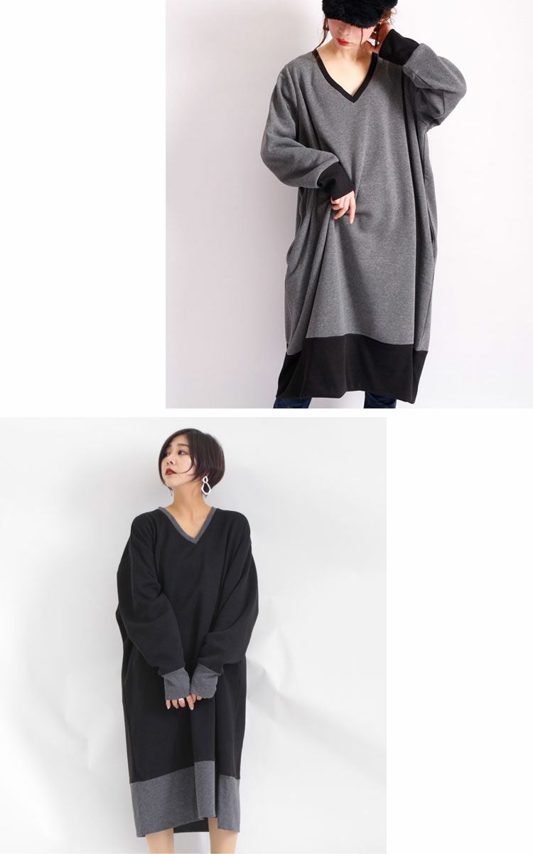 大きいサイズ レディース 裏起毛Vネックワンピース　humio-024