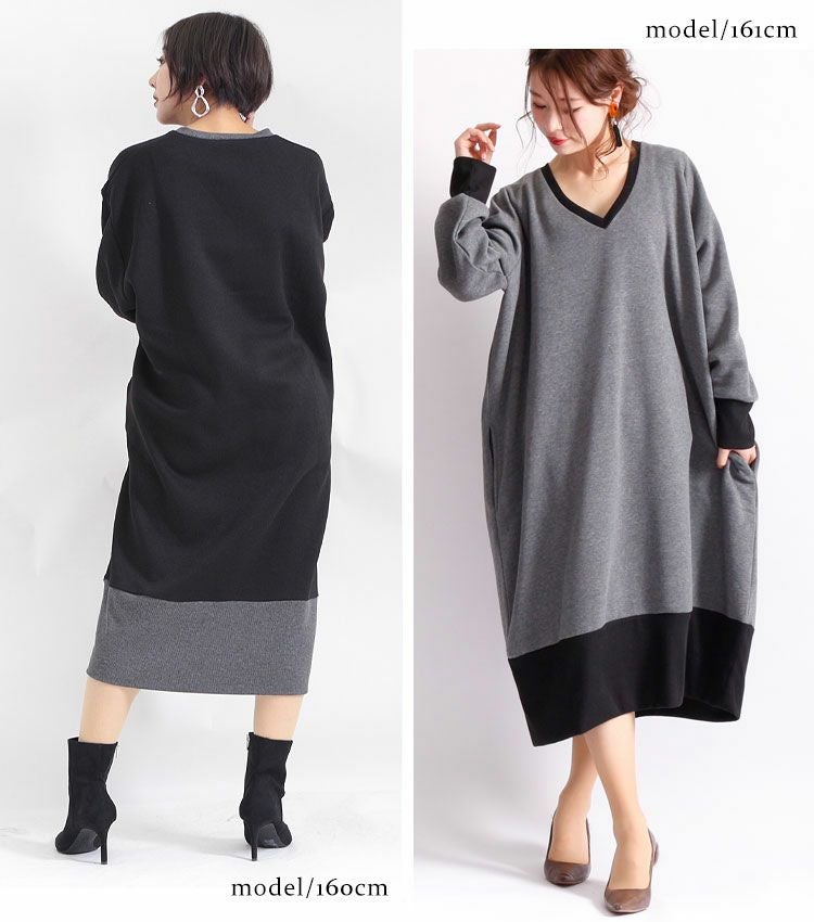 大きいサイズ レディース 裏起毛Vネックワンピース　humio-024