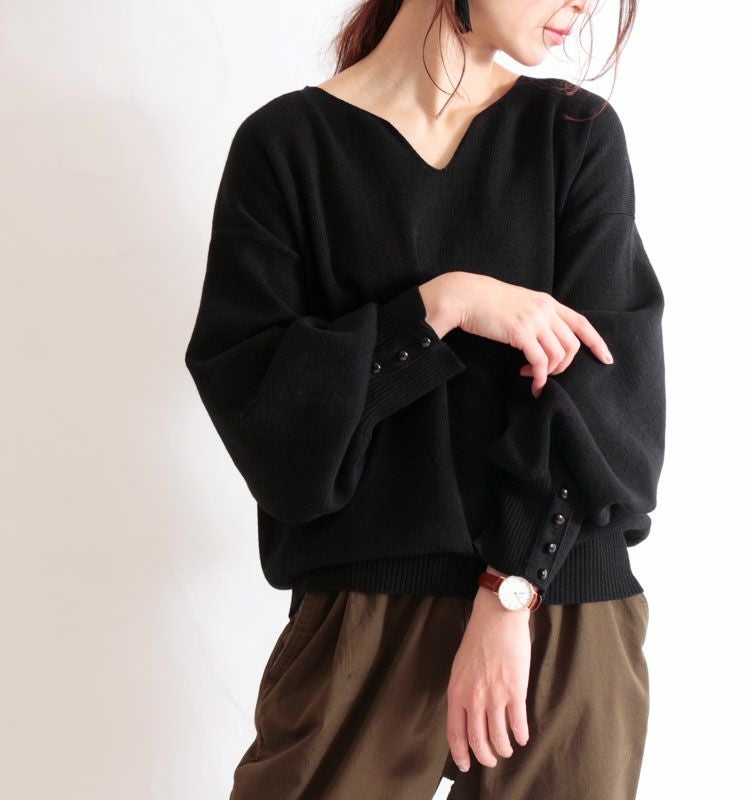 大きいサイズ レディース ボリューム袖キーネックニットプルオーバー　and-m5514