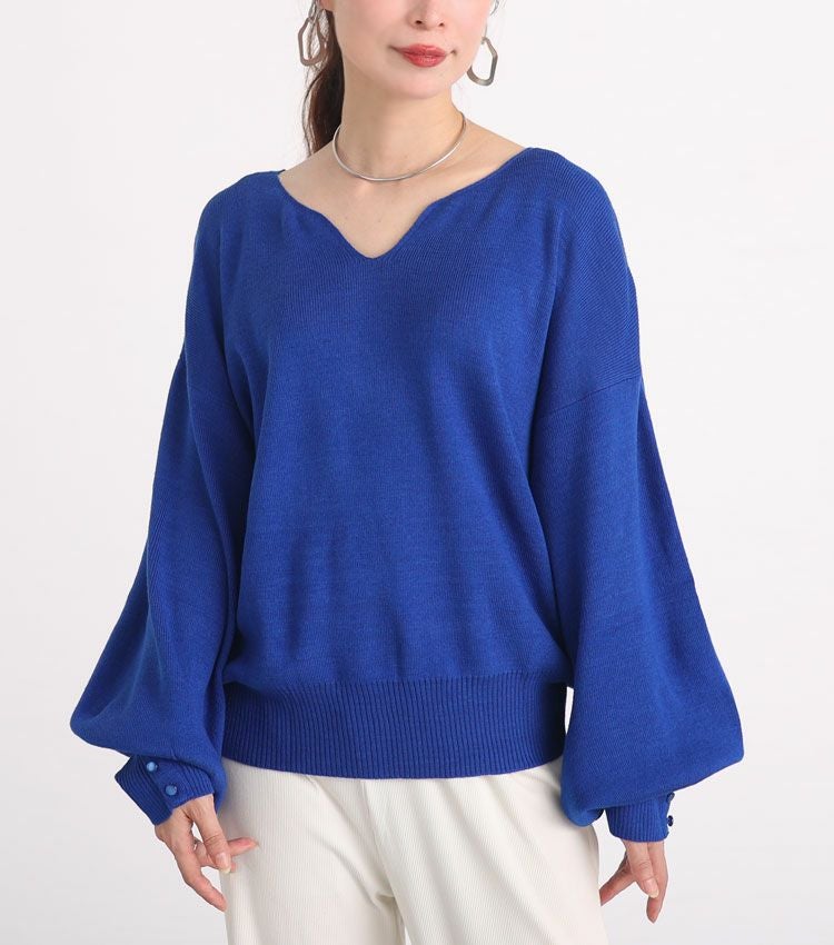 大きいサイズ レディース ボリューム袖キーネックニットプルオーバー　and-m5514