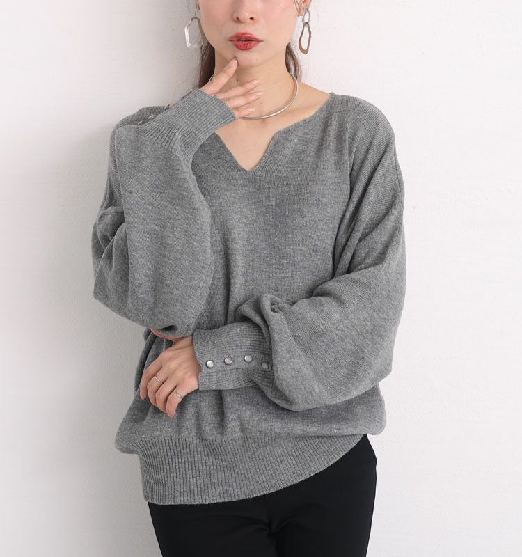 大きいサイズ レディース ボリューム袖キーネックニットプルオーバー　and-m5514