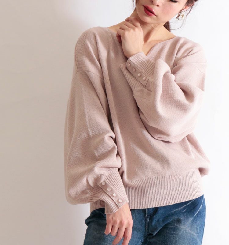 大きいサイズ レディース ボリューム袖キーネックニットプルオーバー　and-m5514