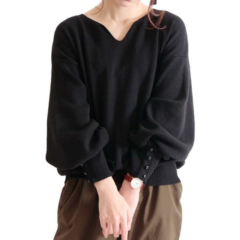 大きいサイズ レディース ボリューム袖キーネックニットプルオーバー　and-m5514 ブラック