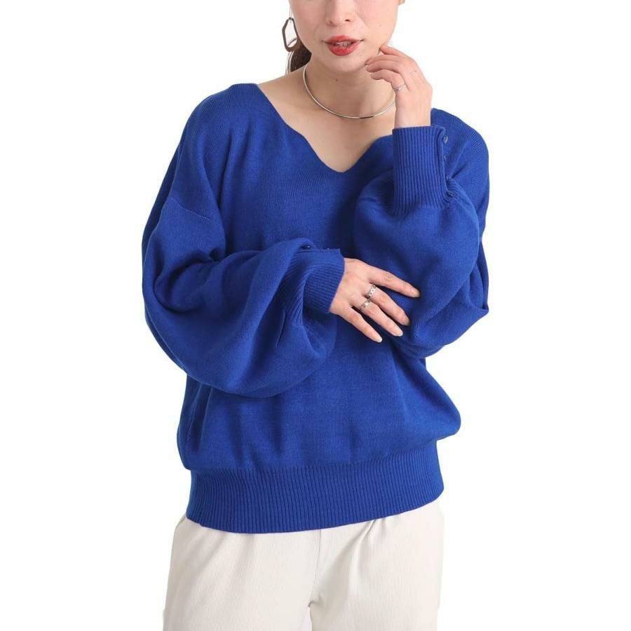 大きいサイズ レディース ボリューム袖キーネックニットプルオーバー　and-m5514 ブルー