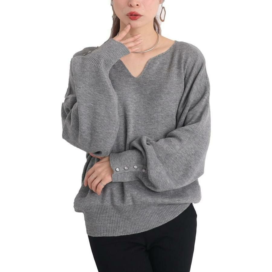 大きいサイズ レディース ボリューム袖キーネックニットプルオーバー　and-m5514 グレー