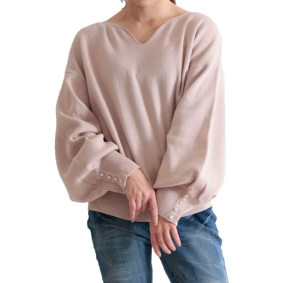 大きいサイズ レディース ボリューム袖キーネックニットプルオーバー　and-m5514 ピンク