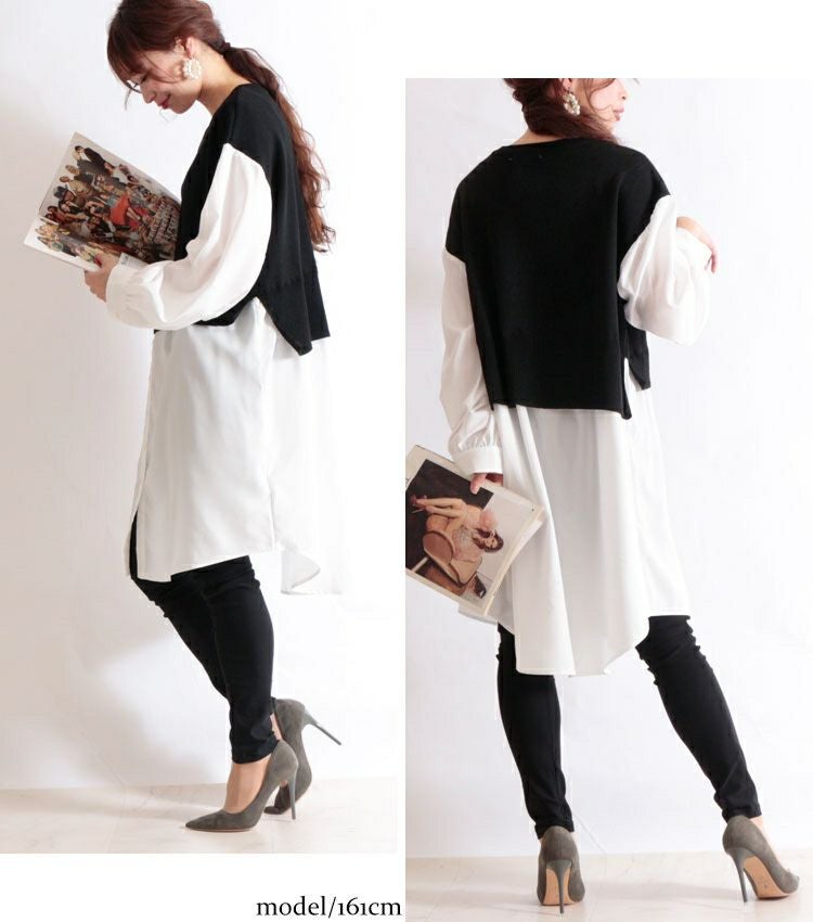 大きいサイズ レディース 異素材フェイクレイヤードプルオーバー　and-m5522