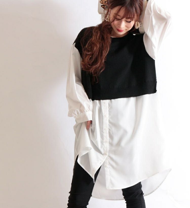 大きいサイズ レディース 異素材フェイクレイヤードプルオーバー　and-m5522