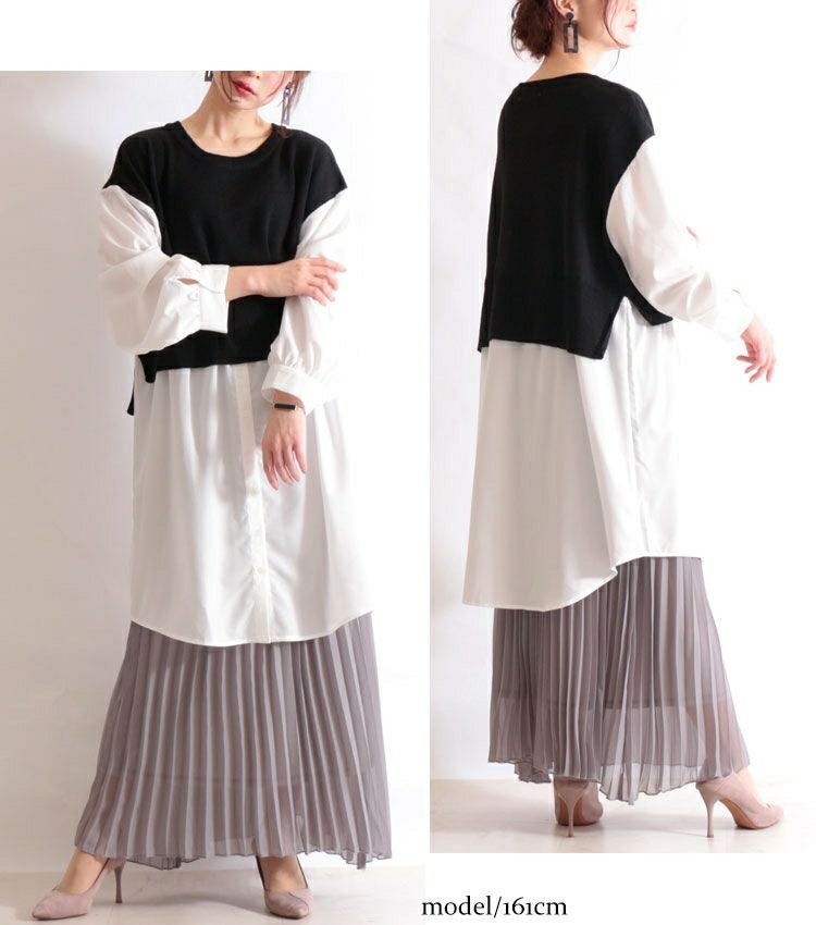 大きいサイズ レディース 異素材フェイクレイヤードプルオーバー　and-m5522