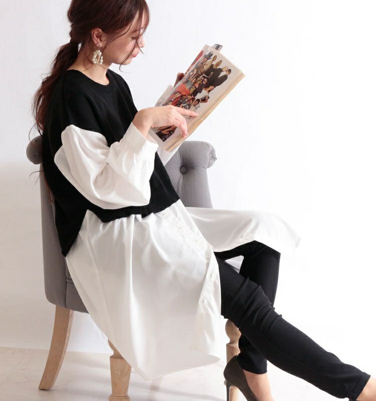 大きいサイズ レディース 異素材フェイクレイヤードプルオーバー　and-m5522