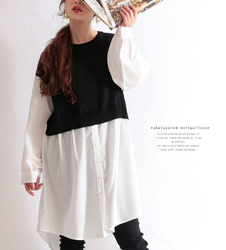 大きいサイズ レディース 異素材フェイクレイヤードプルオーバー　and-m5522