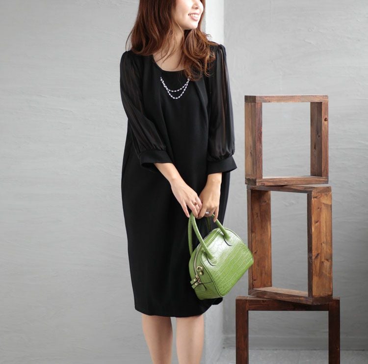 大きいサイズ レディース 通勤ネックレスチャーム付きシフォン袖ワンピース　フォーマル ワンピース mncut-102024