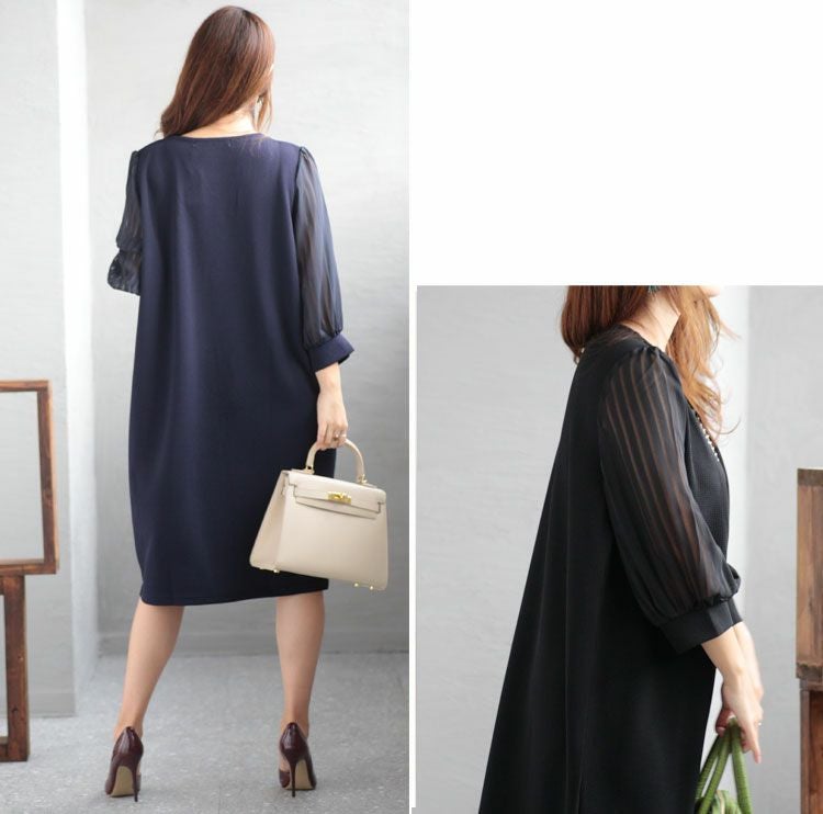 大きいサイズ レディース 通勤ネックレスチャーム付きシフォン袖ワンピース　フォーマル ワンピース mncut-102024