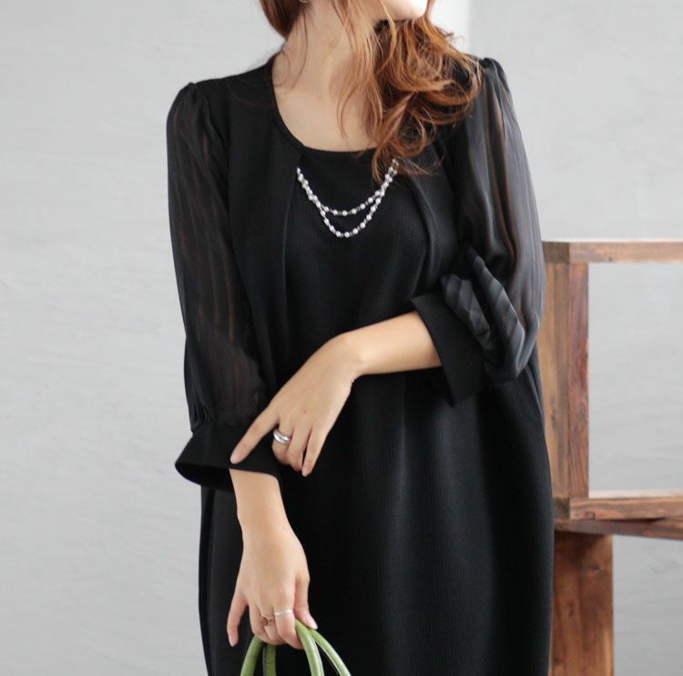 大きいサイズ レディース 通勤ネックレスチャーム付きシフォン袖ワンピース　フォーマル ワンピース mncut-102024