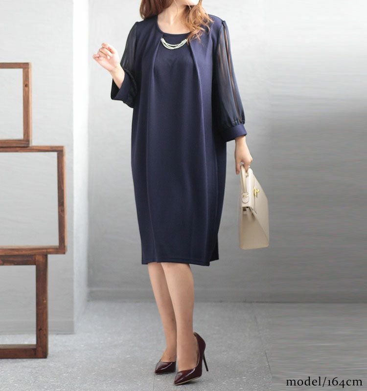 大きいサイズ レディース 通勤ネックレスチャーム付きシフォン袖ワンピース　フォーマル ワンピース mncut-102024
